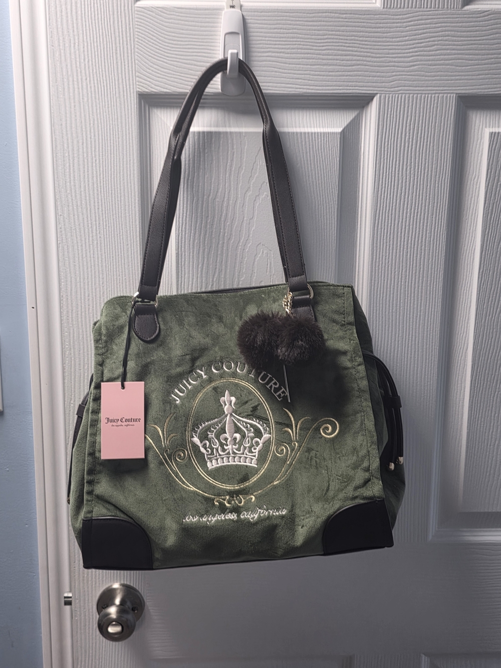 Juicy Couture Olive Green Velvet Tote with Crown Emblem